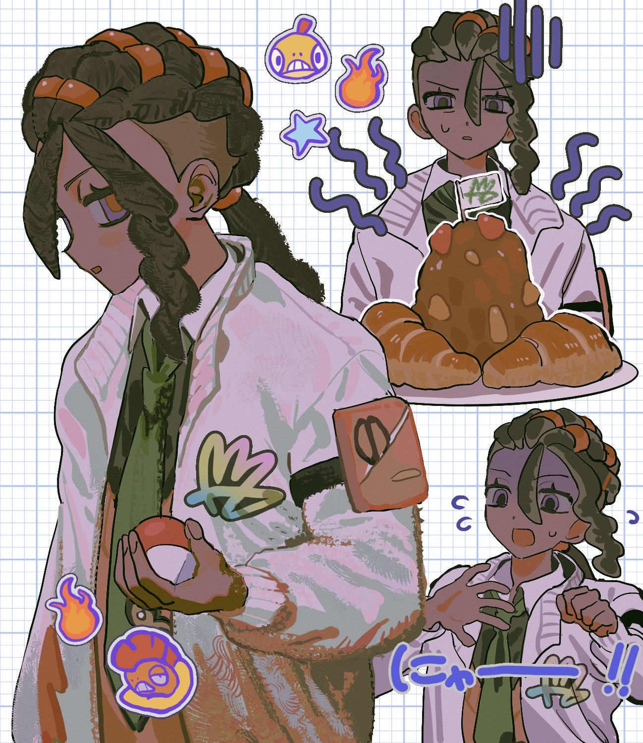 tami tome mo, naveen (pokemon), scrafty, scraggy, nintendo, pokemon, pokemon legends: z-a, highres, 1boy, brown hair, character sticker, croissant, dark-skinned male, dark skin, disgust, dreadlocks, food, gen 5 pokemon, green necktie, grid background, hair between eyes, hair tubes, jacket, looking at object, looking at viewer, low ponytail, male focus, multiple expressions, necktie, orange pupils, poke ball, ponytail, purple eyes, sticker, sweatdrop, undercut, upper body, wavy hair, white jacket
