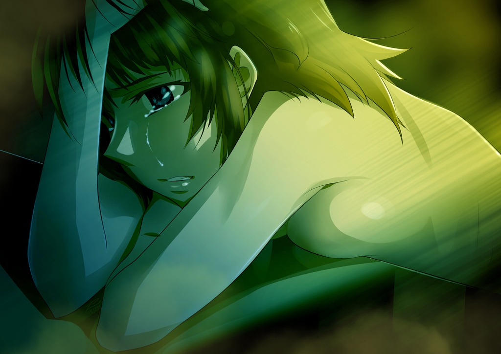 zpolice, original, bad id, bad pixiv id, 1girl, blonde hair, blue eyes, breast press, breasts, brown hair, crying, crying with eyes open, female focus, from side, large breasts, nude, short hair, solo, tears, upper body