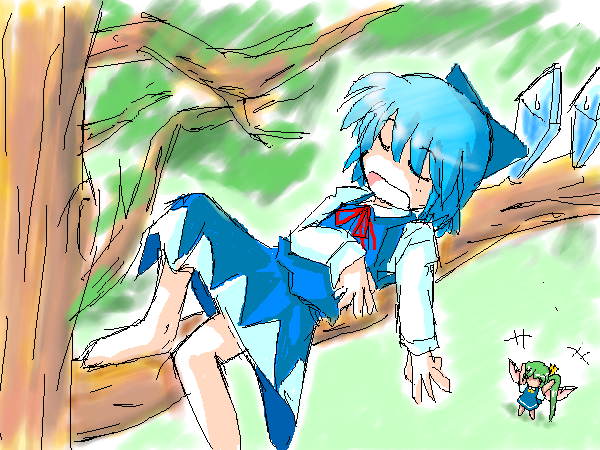 cirno, daiyousei, embodiment of scarlet devil, touhou, 2girls, barefoot, female focus, multiple girls, nature, oekaki, outdoors, plant, skirt, sleeping, tree