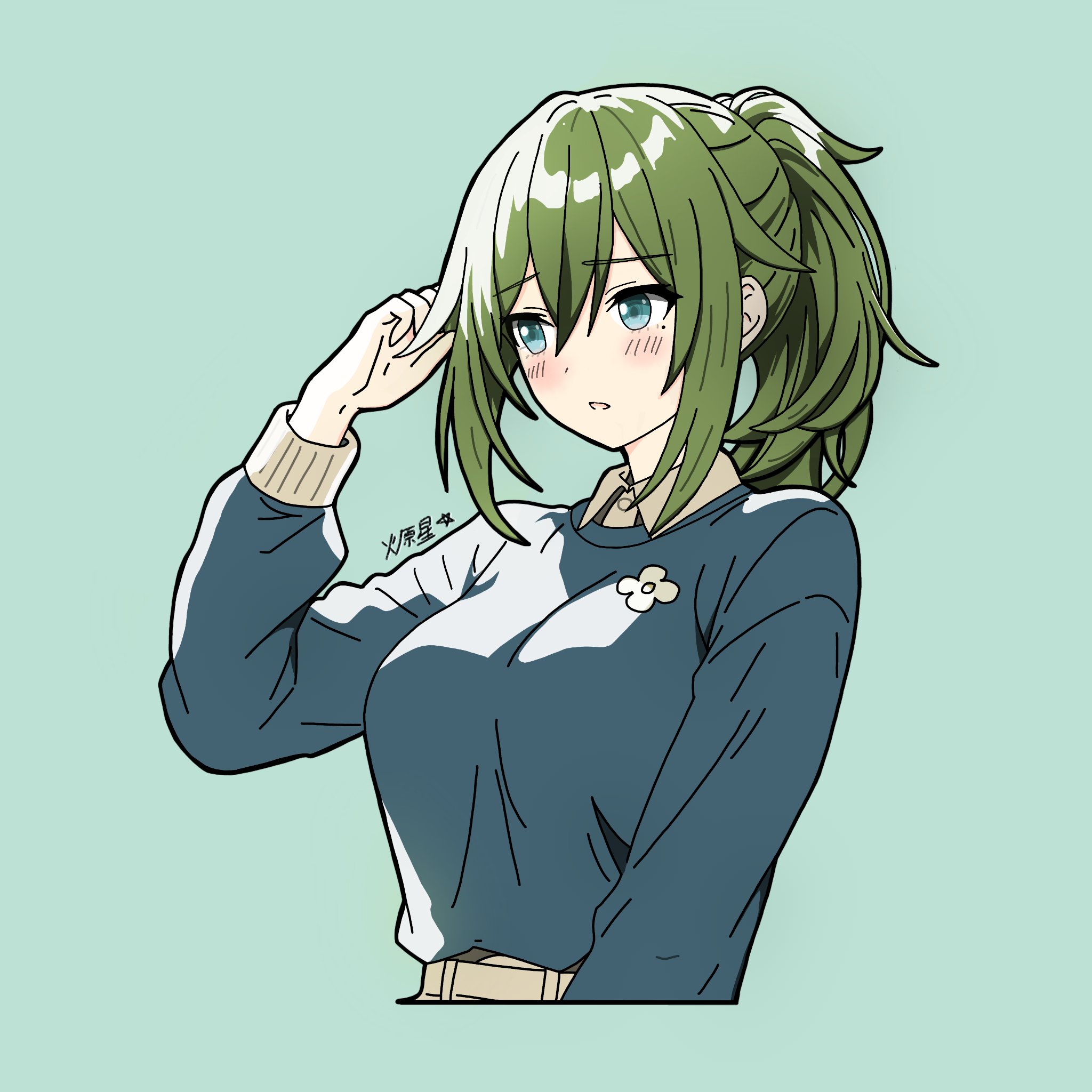 venus (zenless zone zero), zenless zone zero, commentary, english commentary, highres, 1girl, belt, blue eyes, blue shirt, blush, breasts, green background, green hair, hair between eyes, hand in own hair, hibarakirari, long hair, mole, mole under eye, open mouth, pants, ponytail, shirt, solo, upper body, white pants, white shirt