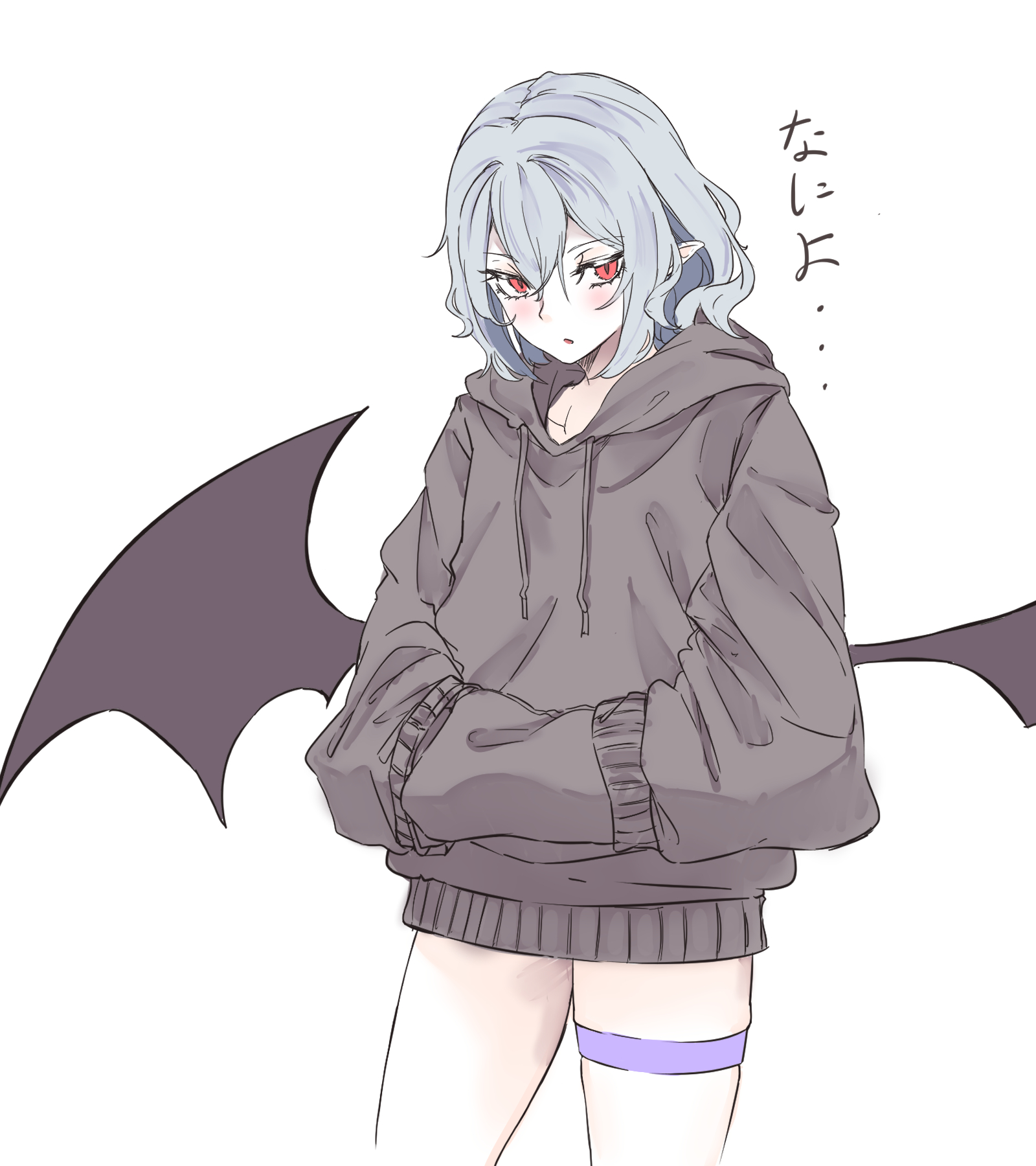 kanaria (bcomn), remilia scarlet, touhou, commentary request, highres, translation request, 1girl, alternate costume, bat wings, black hoodie, blue hair, hair between eyes, hood, hood down, hoodie, long sleeves, looking at viewer, open mouth, own hands together, pointy ears, red eyes, short hair, simple background, solo, white background, wings