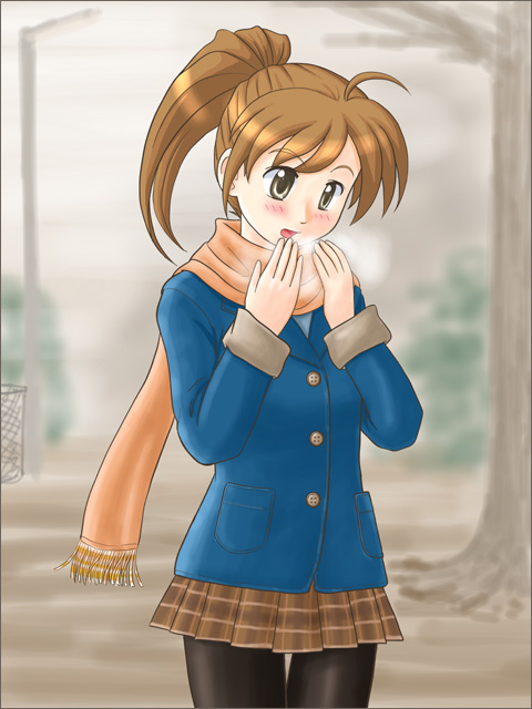 lielos, poniko (lielos), original, blush, brown eyes, brown hair, open mouth, pantyhose, ponytail, scarf, solo