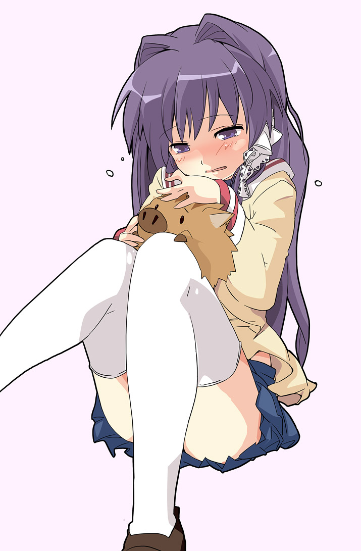 ixy, botan (clannad), fujibayashi kyou, clannad, 00s, censored, convenient censoring, convenient leg, long hair, purple eyes, purple hair, school uniform, sitting, solo, tears, thighhighs