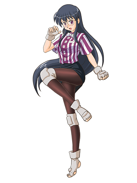 lielos, yanase kaori, variable geo, 1girl, blue hair, female focus, fighting stance, fingerless gloves, full body, glasses, gloves, knee pads, long hair, panties, pantyhose, purple eyes, shirt, simple background, solo, standing, striped clothes, striped shirt, toeless legwear, underwear, waitress