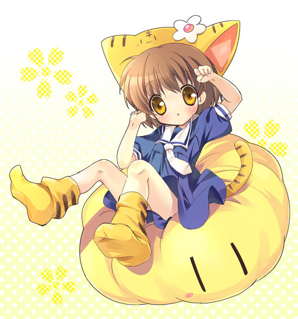 paco, okazaki ushio, puchiko, clannad, dango daikazoku, di gi charat, animal ears, brown eyes, brown hair, cat ears, cat tail, child, cosplay, dress, puchiko (cosplay), sailor dress, school uniform, short hair, solo, tail