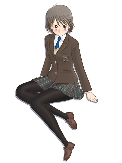 lielos, fujimoto atsuko, original, 1girl, blazer, blush, brown eyes, brown hair, female focus, jacket, pantyhose, school uniform, short hair, solo