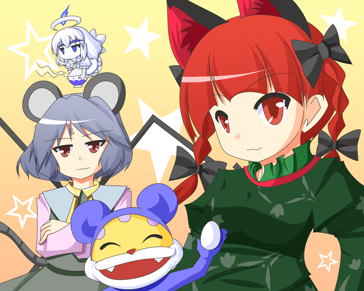 urushi, kaenbyou rin, nazrin, zombie fairy (touhou), touhou, 3girls, :3, animal costume, animal ears, blue eyes, brown eyes, cat ears, cat girl, dowsing rod, egg, female focus, gradient background, grey hair, hair ribbon, mouse ears, multiple girls, red eyes, red hair, ribbon, rice, short hair, white hair