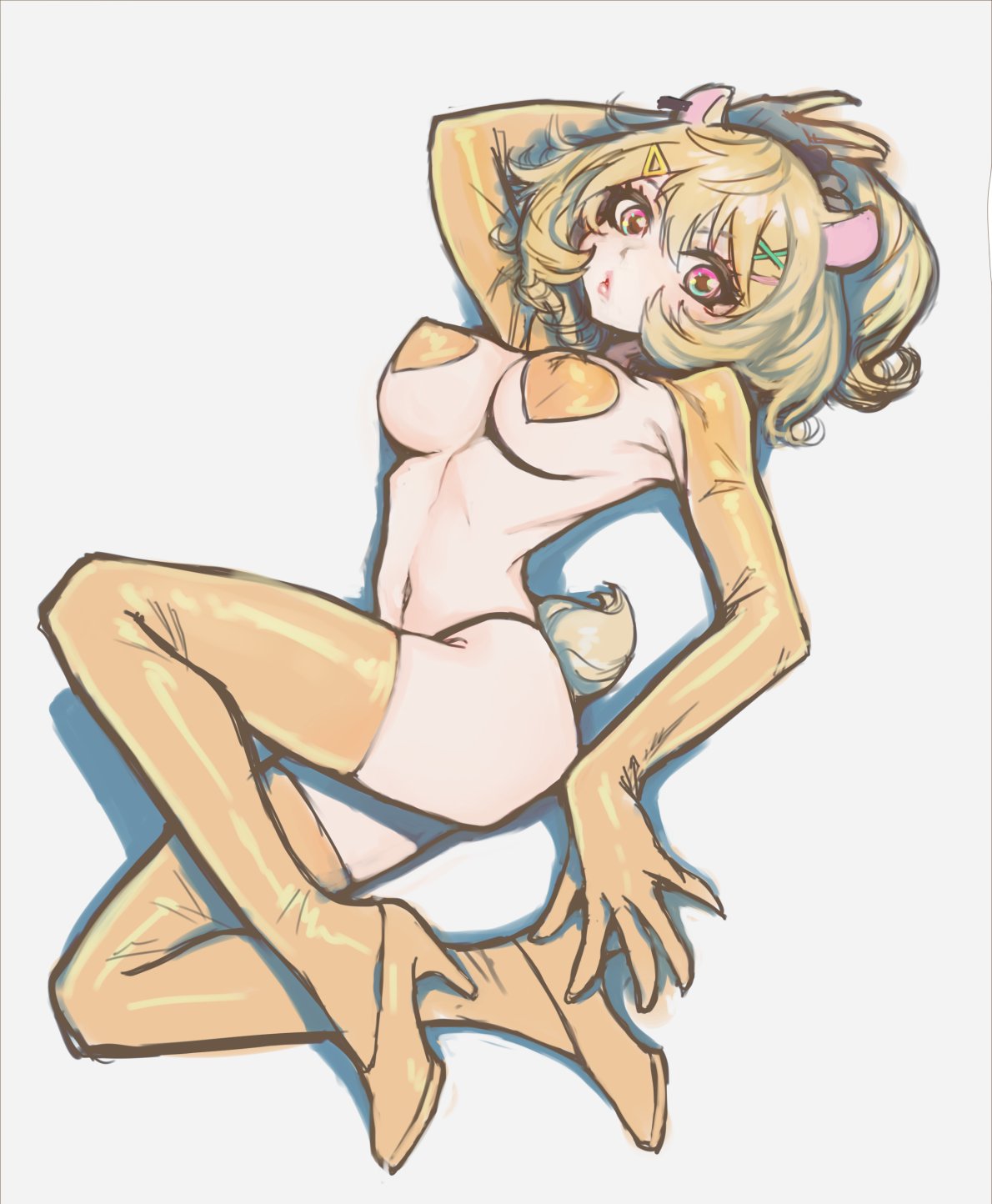 sussynano, eimi isami, phase connect, highres, tagme, 1girl, animal ears, breasts, hair ornament, hairclip, hamster ears, hamster tail, high heels, large breasts, lipstick, lying, makeup, navel, on back, orange hair, pasties, pink eyes, solo, thighhighs, virtual youtuber