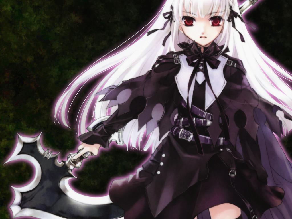 tagme, axe, belt, dress, hair ribbon, long hair, red eyes, ribbon, weapon, white hair