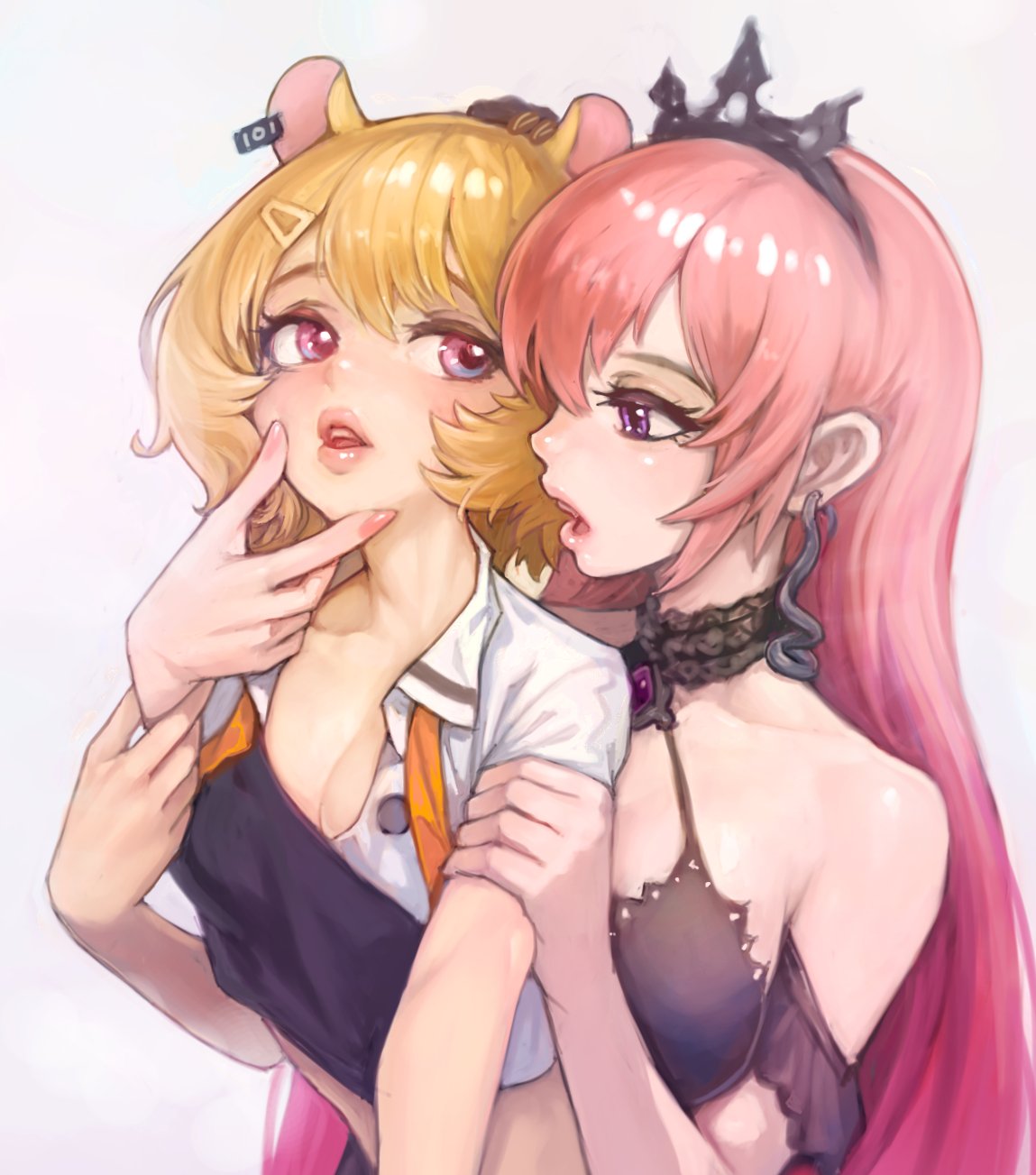 sussynano, eimi isami, runie ruse, phase connect, highres, tagme, 2girls, animal ears, blush, breasts, cleavage, collarbone, earrings, hamster ears, jewelry, multiple girls, nail polish, orange hair, pink eyes, pink hair, tiara, virtual youtuber, white background, yuri