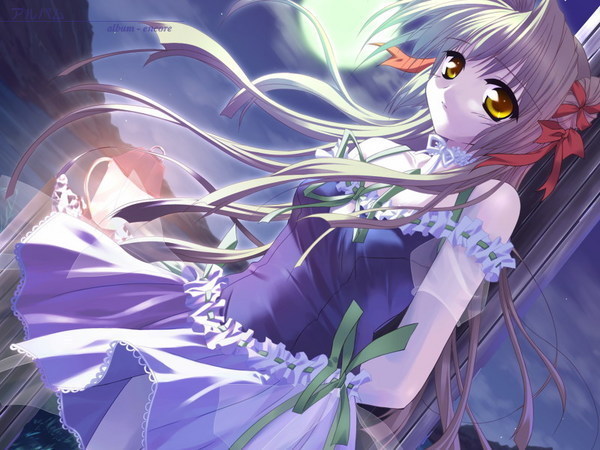 blonde hair, frills, hair bun, hair ribbon, long hair, moon, open ranch, ribbon, single hair bun, yellow eyes