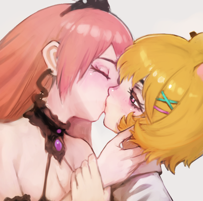 sussynano, eimi isami, runie ruse, phase connect, tagme, 2girls, animal ears, breasts, cleavage, closed eyes, collared shirt, hamster ears, kiss, multiple girls, orange hair, pink eyes, pink hair, shirt, virtual youtuber, yuri
