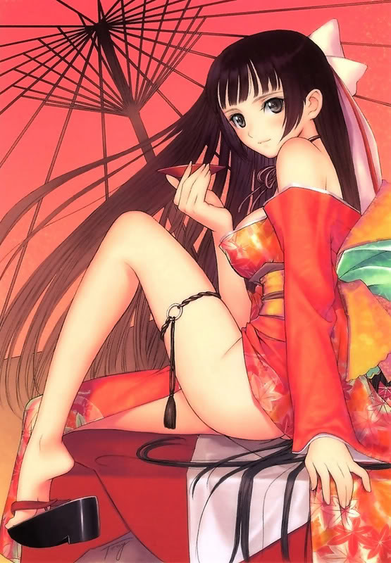 tanaka takayuki, tagme, black hair, feet, hair ribbon, japanese clothes, kimono, long hair, ribbon, sitting, soles, thighhighs