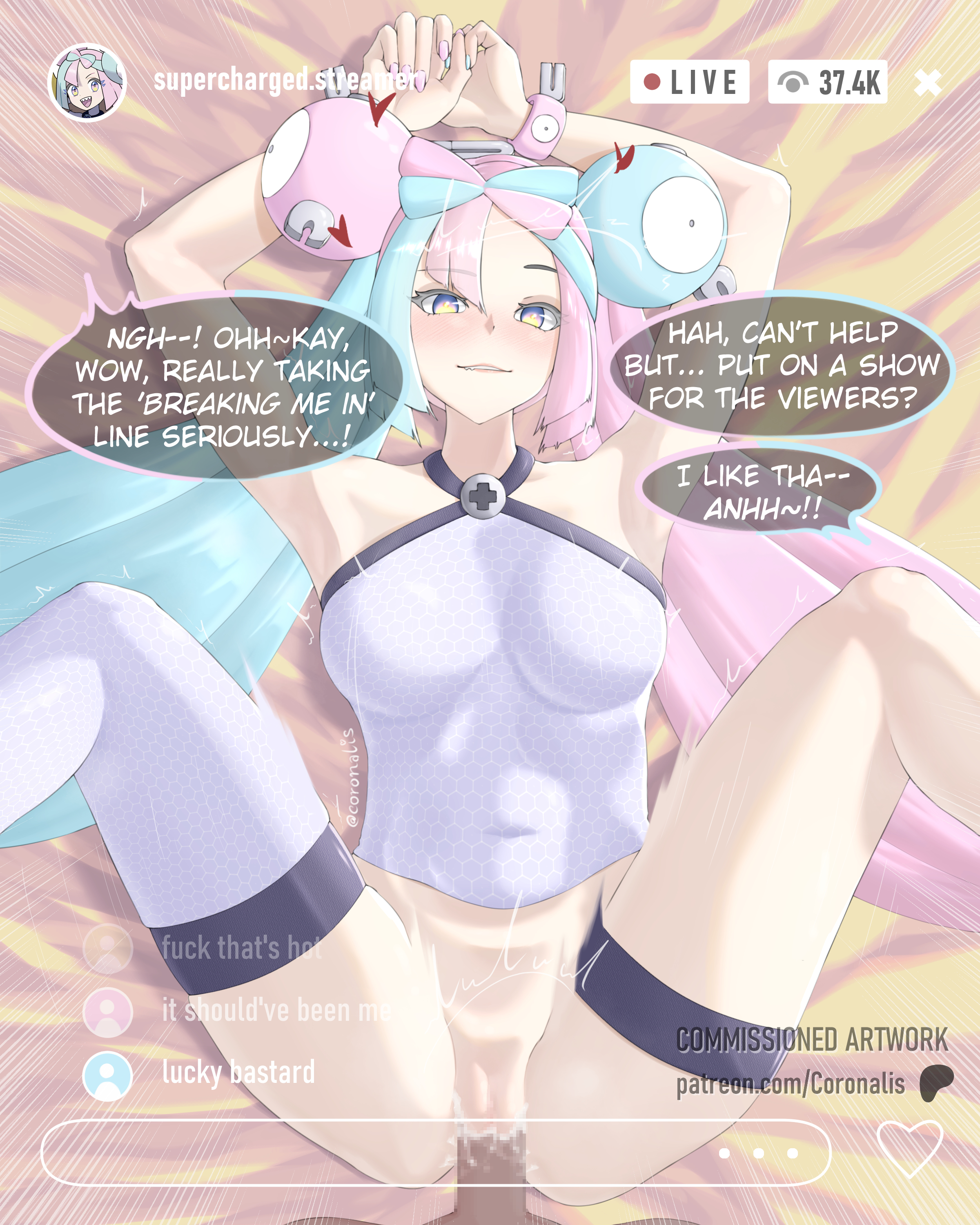 coronalis, iono (pokemon), magnemite, pokemon, absurdres, highres, armpits, arms up, bed sheet, blue hair, cuffs, gen 1 pokemon, handcuffs, legs apart, legs up, livestream, nail polish, open mouth, pink hair, pov, pov crotch, pussy, screw, thighhighs