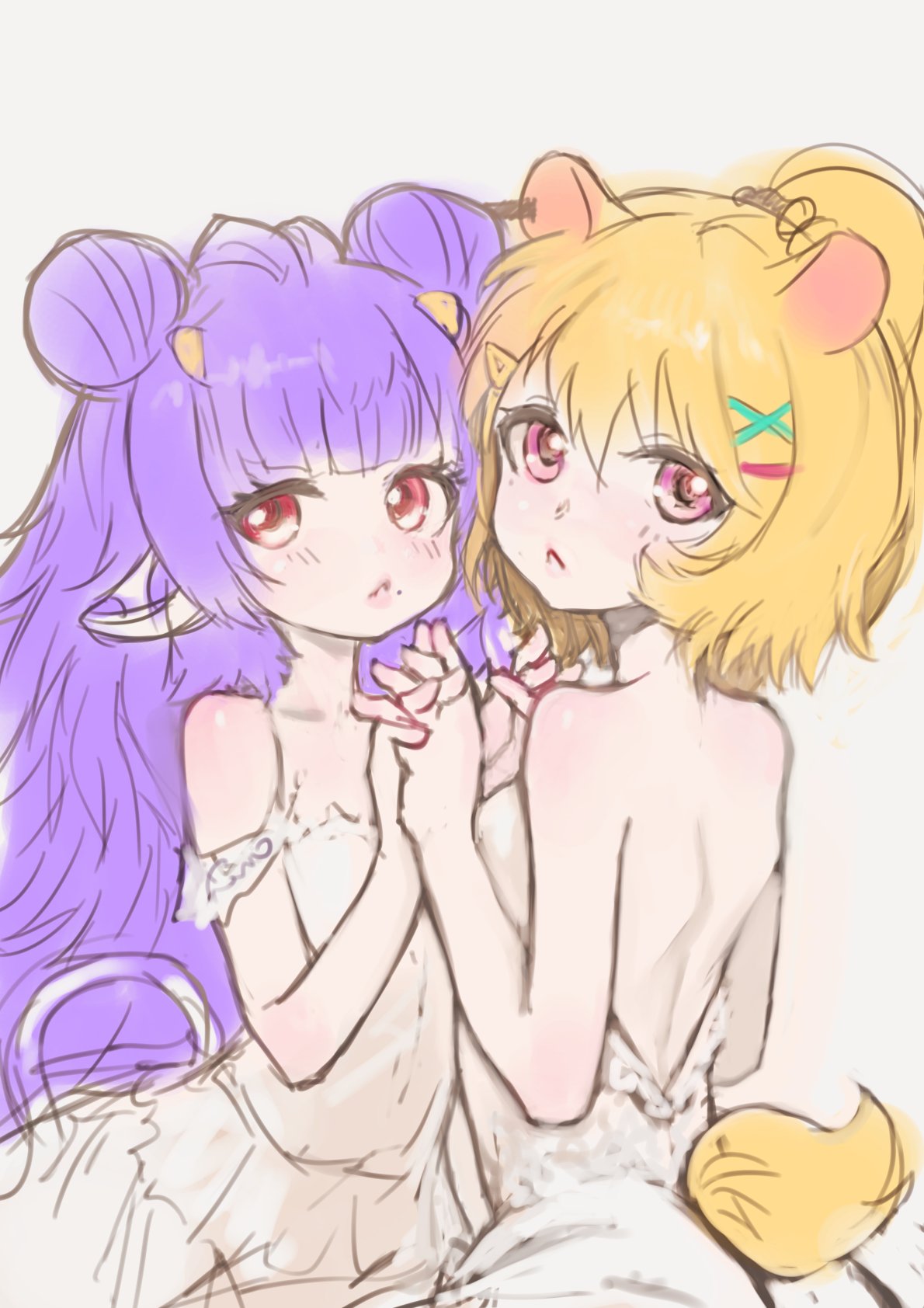 sussynano, eimi isami, muu muyu, phase connect, highres, 2girls, animal ears, bare shoulders, blush, cow ears, cow tail, double bun, dress, hair bun, hamster ears, hamster tail, holding hands, horns, mole, multiple girls, orange hair, pink eyes, purple hair, red eyes, shoulder blades, tail, virtual youtuber, yuri