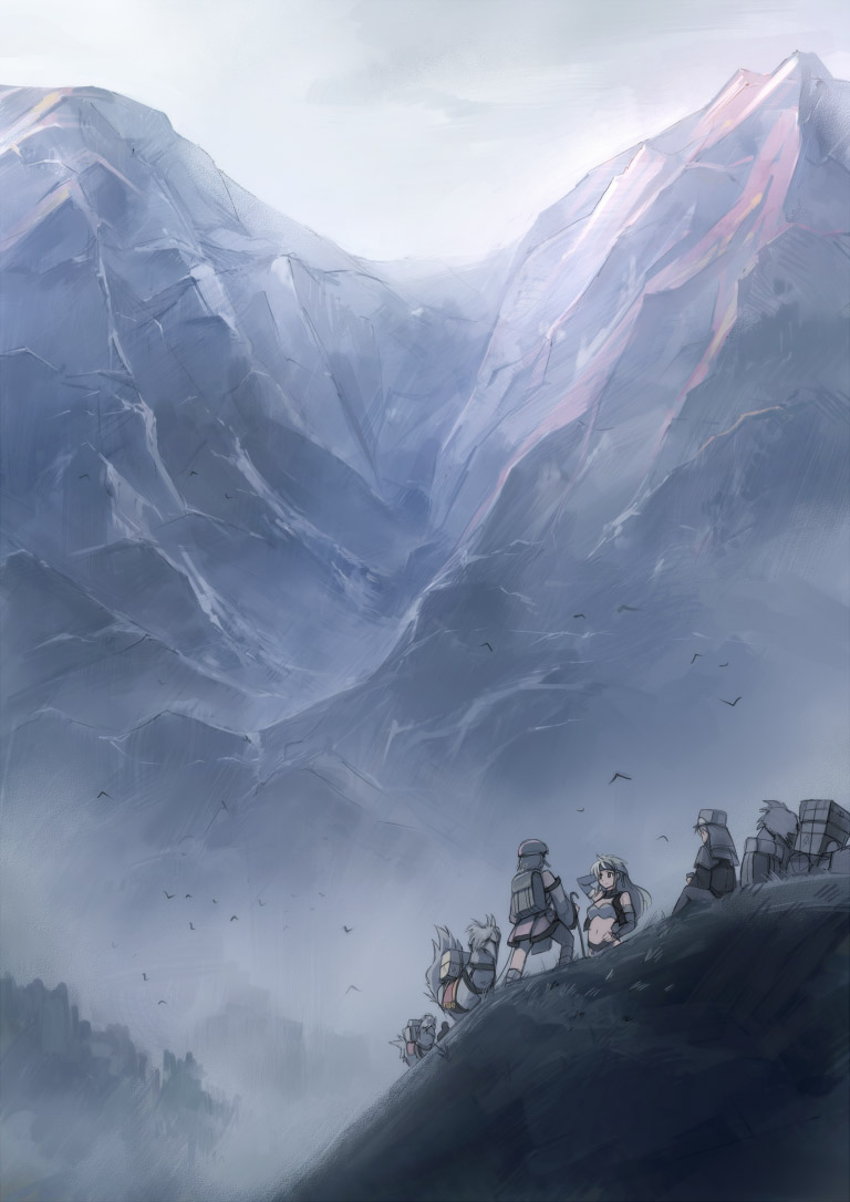 seo tatsuya, capcom, monster hunter (series), original, 2boys, 2girls, day, hand on own hip, kirin (armor), landscape, mountain, multiple boys, multiple girls, scenery, sitting, standing