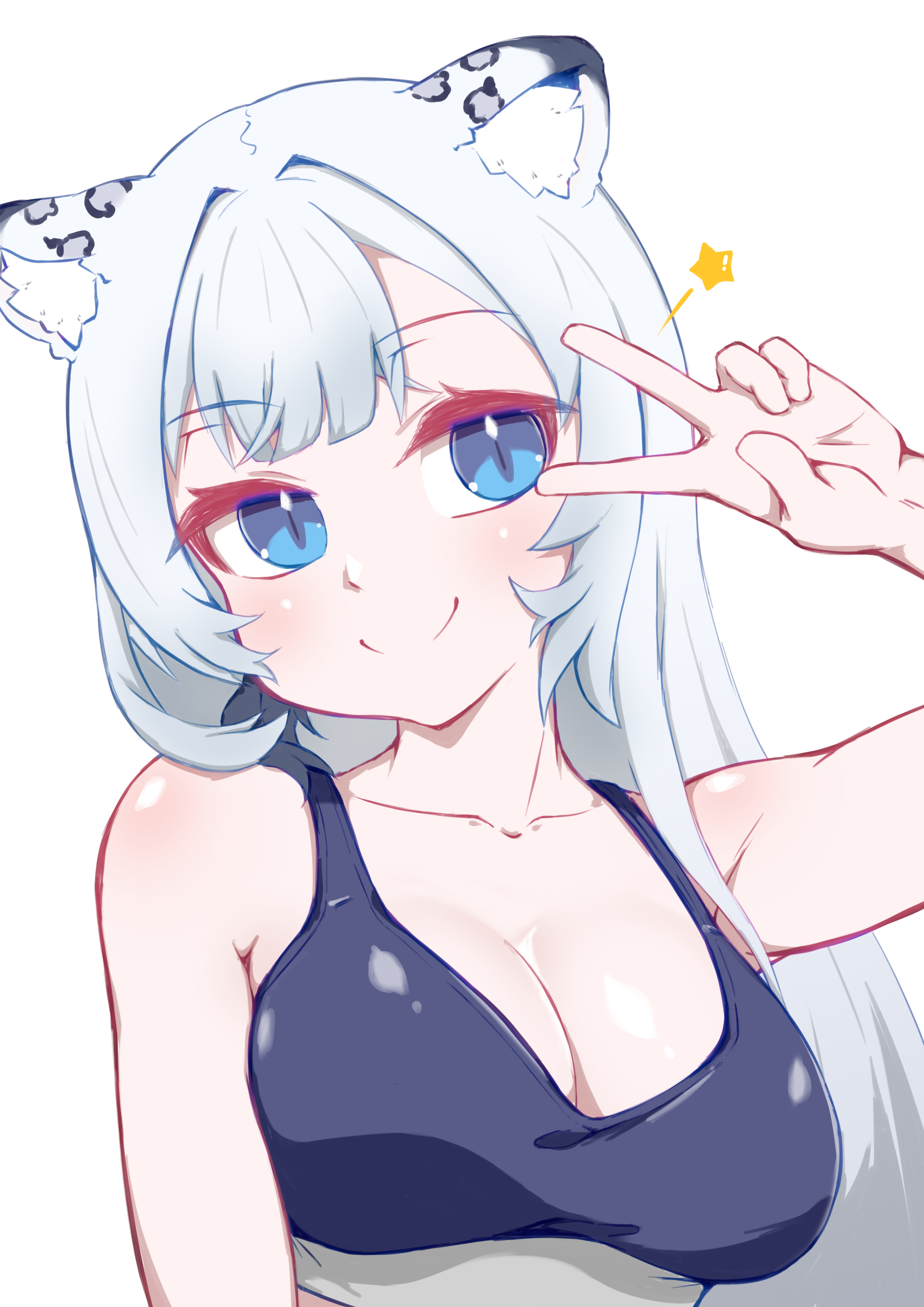 hsiungmao, nayuki vivy, renewlive, absurdres, highres, 1girl, animal ear fluff, animal ears, arm at side, arm up, bare arms, bare shoulders, blue eyes, blue tank top, breasts, cleavage, closed mouth, collarbone, eyelashes, grey hair, long hair, looking at viewer, medium breasts, shoulder blush, simple background, slit pupils, smile, star (symbol), straight hair, tank top, upper body, v, v over eye, virtual youtuber, white background