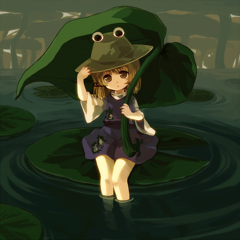 chaba (hortensia), moriya suwako, touhou, 1girl, blonde hair, brown eyes, female focus, frog, hand on headwear, hat, leaf umbrella, lily pad, nature, outdoors, plant, short hair, sitting, soaking feet, solo, water
