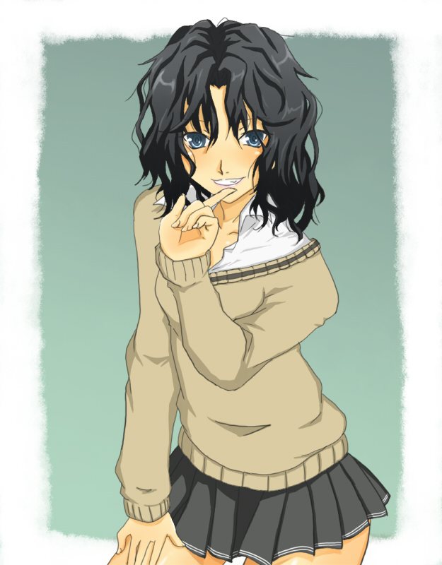 toki (tokihakashi), tanamachi kaoru, amagami, 1girl, black hair, blue eyes, curly hair, female focus, lipstick, makeup, messy hair, miniskirt, pleated skirt, school uniform, short hair, skirt, smile, solo, sweater