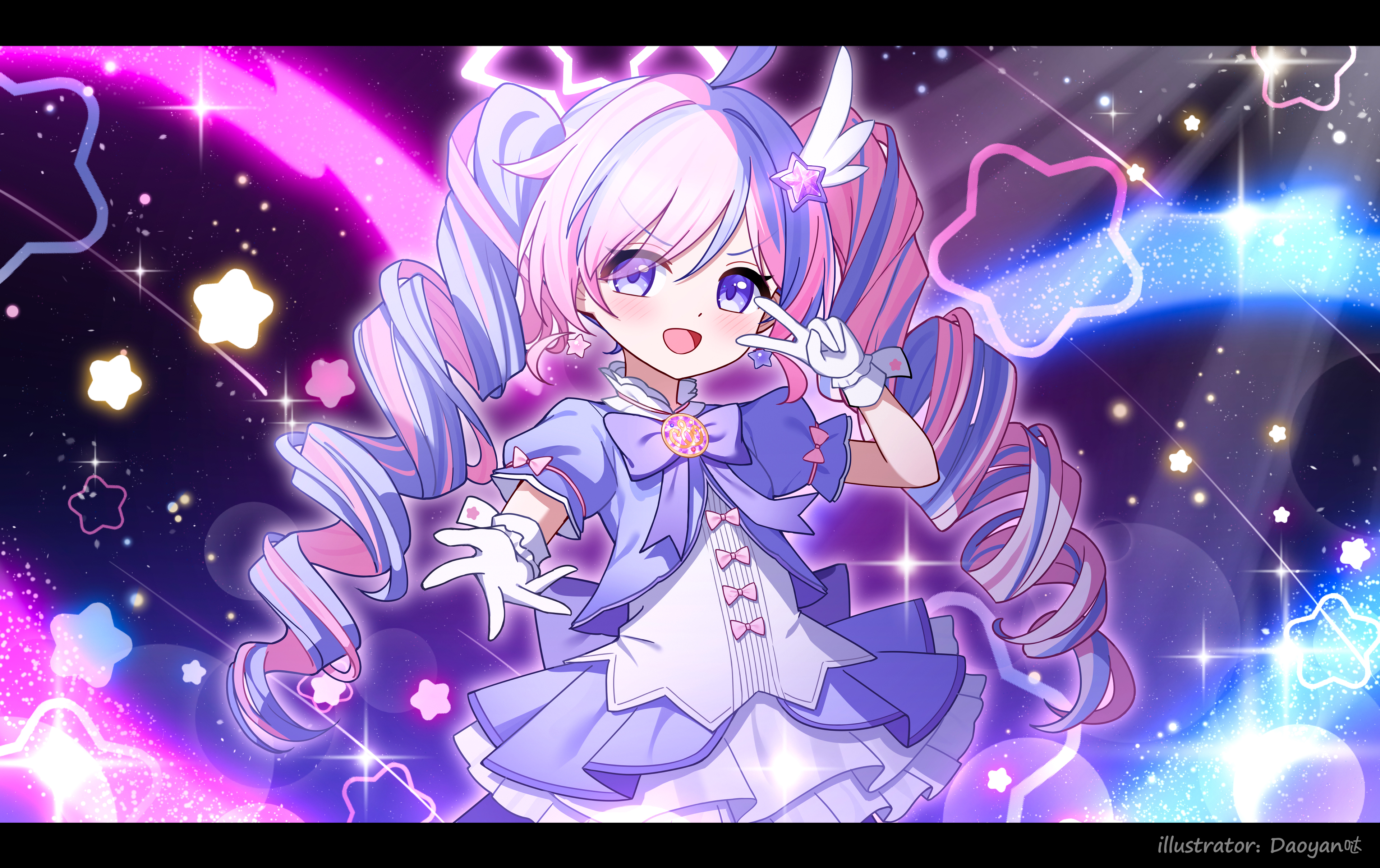 daoyan, reisa (blue archive), reisa (magical) (blue archive), blue archive, absurdres, commentary, highres, making-of available, 1girl, :d, ahoge, artist name, blue dress, blue hair, blush, bow, bowtie, cowboy shot, dress, dress bow, drill hair, earrings, eyes visible through hair, frilled dress, frills, gloves, hair between eyes, hair intakes, hair ornament, hands up, jewelry, letterboxed, long hair, looking at viewer, magical girl, multicolored hair, night, night sky, official alternate costume, official alternate hairstyle, open mouth, outdoors, outstretched hand, pink bow, pink hair, purple bow, purple bowtie, purple eyes, reaching, reaching towards viewer, sidelocks, sky, sleeve bow, smile, smug, solo, sparkle, star (symbol), star earrings, star hair ornament, streaked hair, tareme, twin drills, twintails, two-tone dress, two-tone hair, v, v-shaped eyebrows, v over eye, very long hair, white dress, white gloves, wing hair ornament
