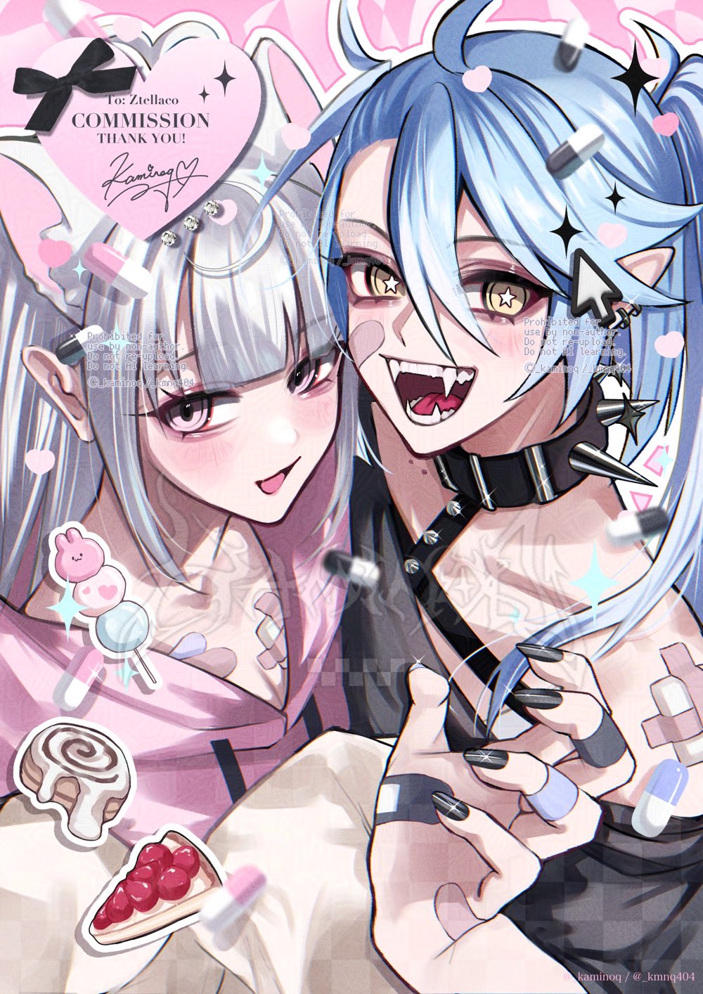 kaminoq, original, commentary, commission, highres, skeb commission, 2girls, :d, ahoge, bandaid, bandaid on hand, bare shoulders, black choker, black nails, black shirt, blue hair, blunt bangs, blush, choker, cursor, dango, double-parted bangs, drawstring, fangs, food, grey hair, hair between eyes, hand up, heart, hood, hood down, hoodie, long hair, looking at viewer, multiple girls, nail polish, open mouth, pie, pie slice, pink background, pink eyes, pink hoodie, ponytail, shirt, sidelocks, smile, symbol-shaped pupils, upper body, wagashi, yellow eyes