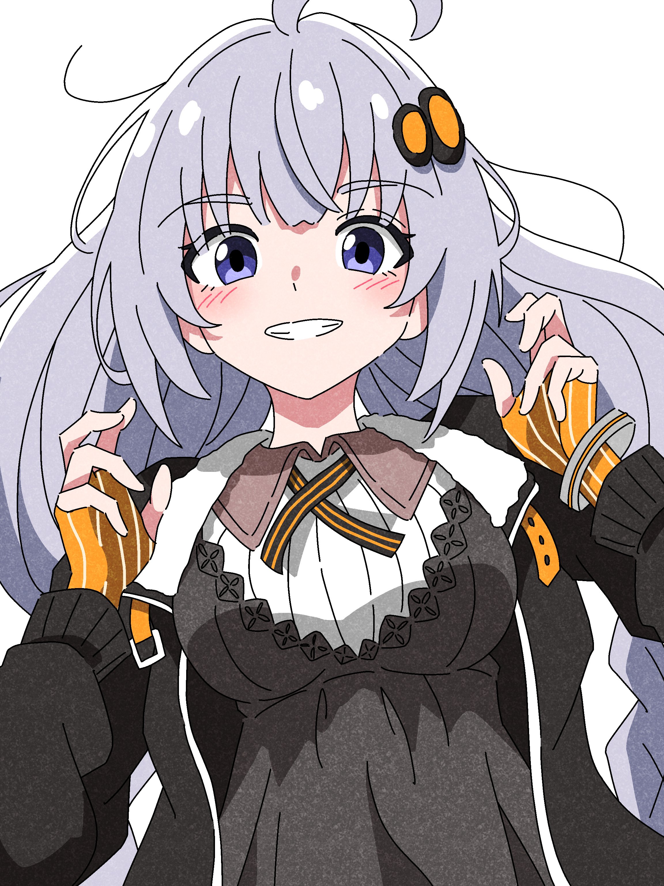 kizuna akari, vocaloid, absurdres, hashtag-only commentary, highres, 1girl, ahoge, bangle, black coat, blue eyes, blush, bracelet, braid, breasts, coat, collared dress, dress, fingerless gloves, gloves, grey dress, grey hair, grin, hair ornament, hands up, jewelry, large breasts, long hair, long sleeves, lonsooooooooo, orange gloves, simple background, smile, solo, striped clothes, striped gloves, twin braids, upper body, vertical-striped clothes, vertical-striped gloves, very long hair, white background