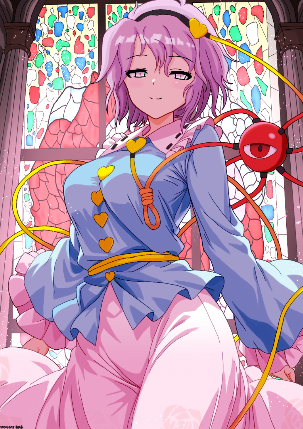 mist9801km, komeiji satori, touhou, commentary request, highres, 1girl, aged up, black hairband, blue shirt, breasts, buttons, closed mouth, collared shirt, eyeball, frilled shirt collar, frilled sleeves, frills, groin, hair ornament, hairband, heart, heart button, heart hair ornament, long sleeves, looking at viewer, pink eyes, pink hair, pink skirt, print skirt, ribbon-trimmed collar, ribbon trim, shirt, skirt, smile, solo, stained glass, third eye, wide sleeves