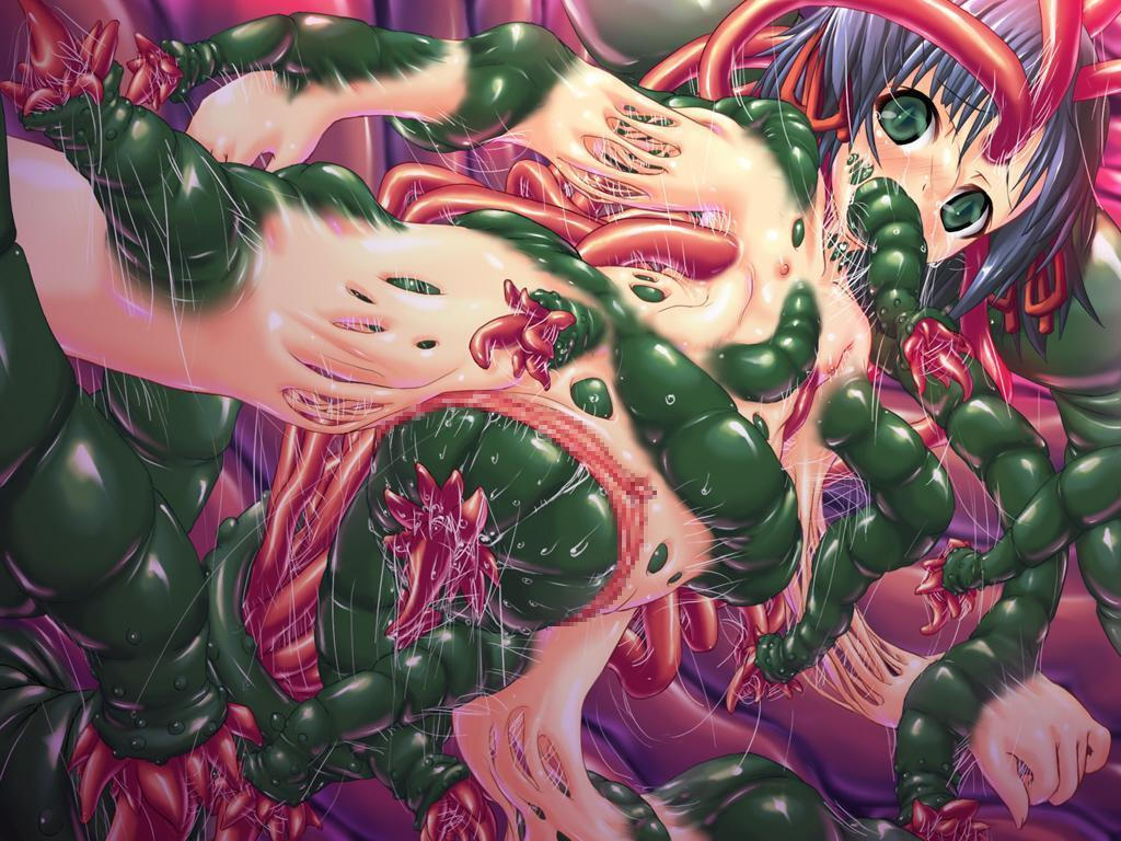 kaeru, slime, 1girl, blue hair, censored, creepy, flat chest, green eyes, guro, large insertion, loli, melting, monster, nipples, object insertion, oral, pain, purple hair, pussy, rape, ripping appaert, saliva, short twintails, stomach bulge, tears, tentacles, twintails, what