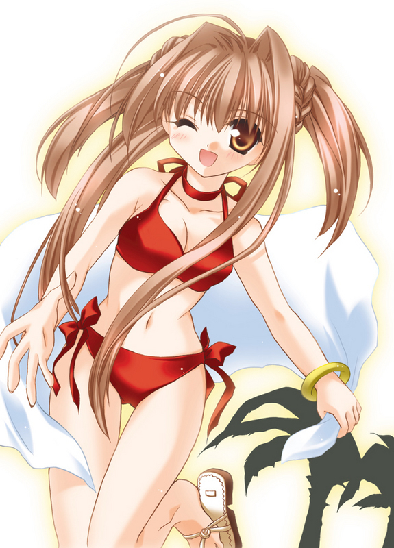 minase lin, character request, 1girl, bikini, blonde hair, blush, bra, bracelet, breasts, brown eyes, cleavage, female focus, jewelry, lingerie, long hair, medium breasts, navel, one eye closed, red bikini, sandals, side-tie bikini bottom, smile, solo, swimsuit, thighhighs, underwear, wink