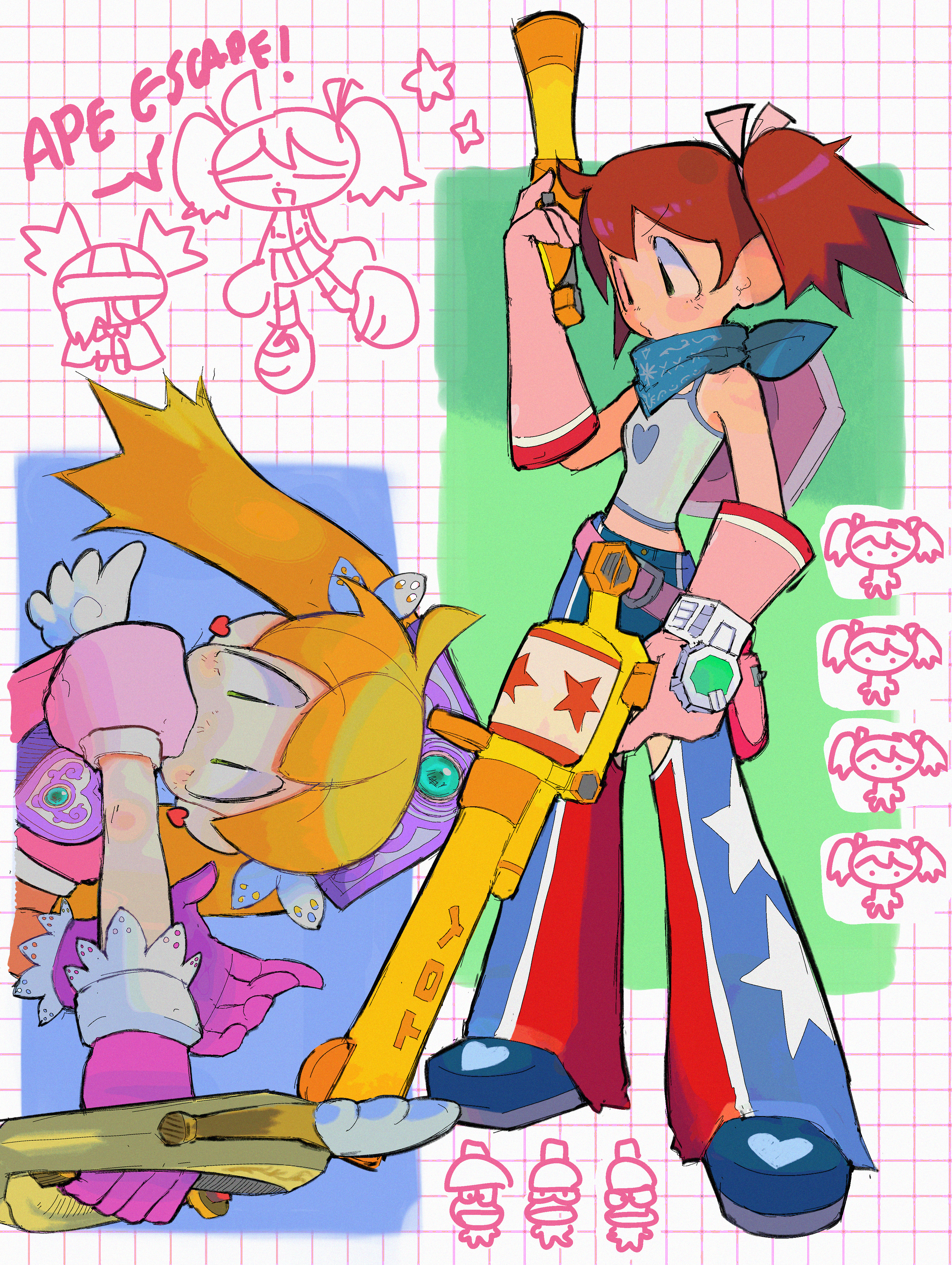 pyoko (sandwicha), sayaka (saru getchu), saru getchu, absurdres, commentary request, highres, 2girls, bandana, blonde hair, blue bandana, dual wielding, earrings, gloves, gun, hat, heart, heart earrings, heart print, holding, holding gun, holding weapon, jewelry, multiple girls, star (symbol), star print, twintails, weapon