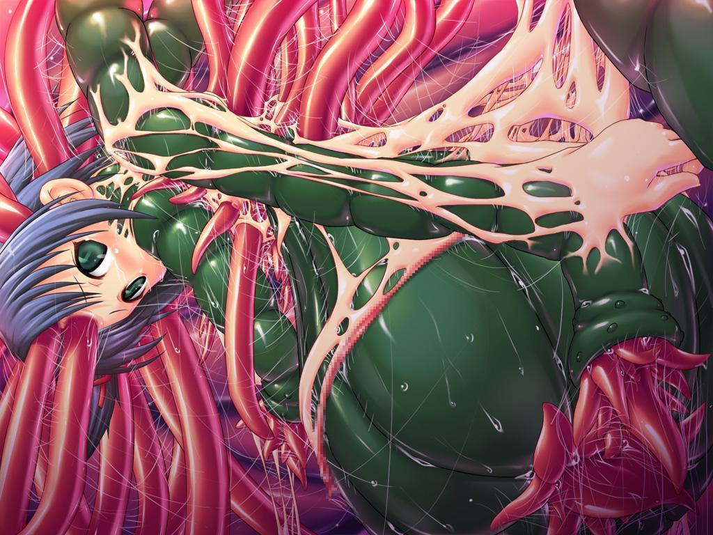 kaeru, blue hair, green eyes, guro, loli, melting, purple hair, tentacles