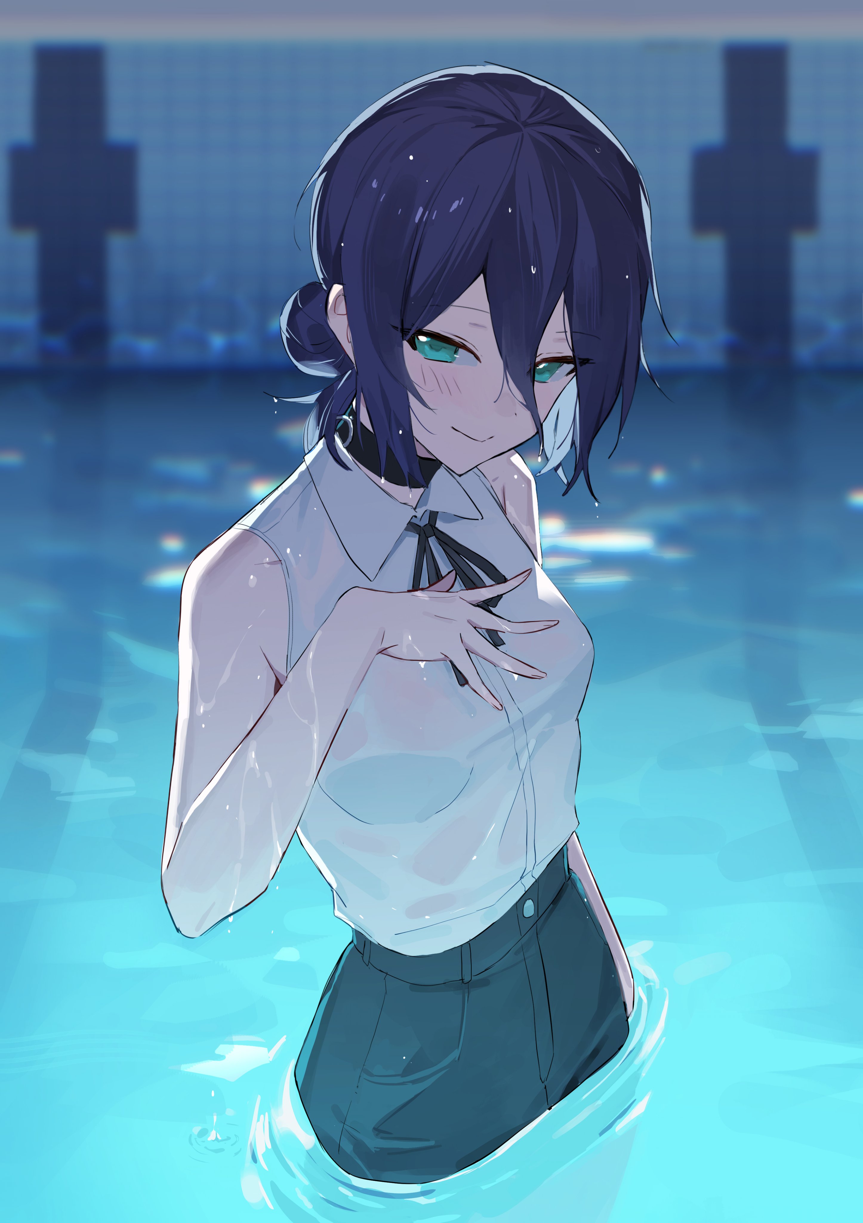 seizou hidzuke, reze (chainsaw man), chainsaw man, absurdres, commentary, highres, 1girl, black choker, black hair, black ribbon, black shorts, blush, breasts, choker, closed mouth, collared shirt, cow, green eyes, grenade pin, hair between eyes, hair bun, hand up, long hair between eyes, looking at viewer, medium hair, neck ribbon, pool, ribbon, shirt, shorts, sleeveless, sleeveless shirt, small breasts, solo, tile wall, tiles, wading, water, wet, wet clothes, wet hair, wet shirt