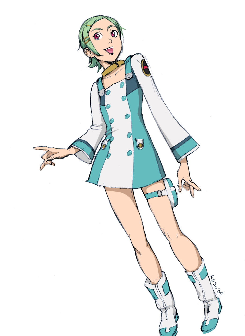 kuzu, eureka (eureka seven), eureka seven, eureka seven (series), highres, 00s, 1girl, boots, female focus, green hair, purple eyes, short hair, solo, thigh strap, white boots