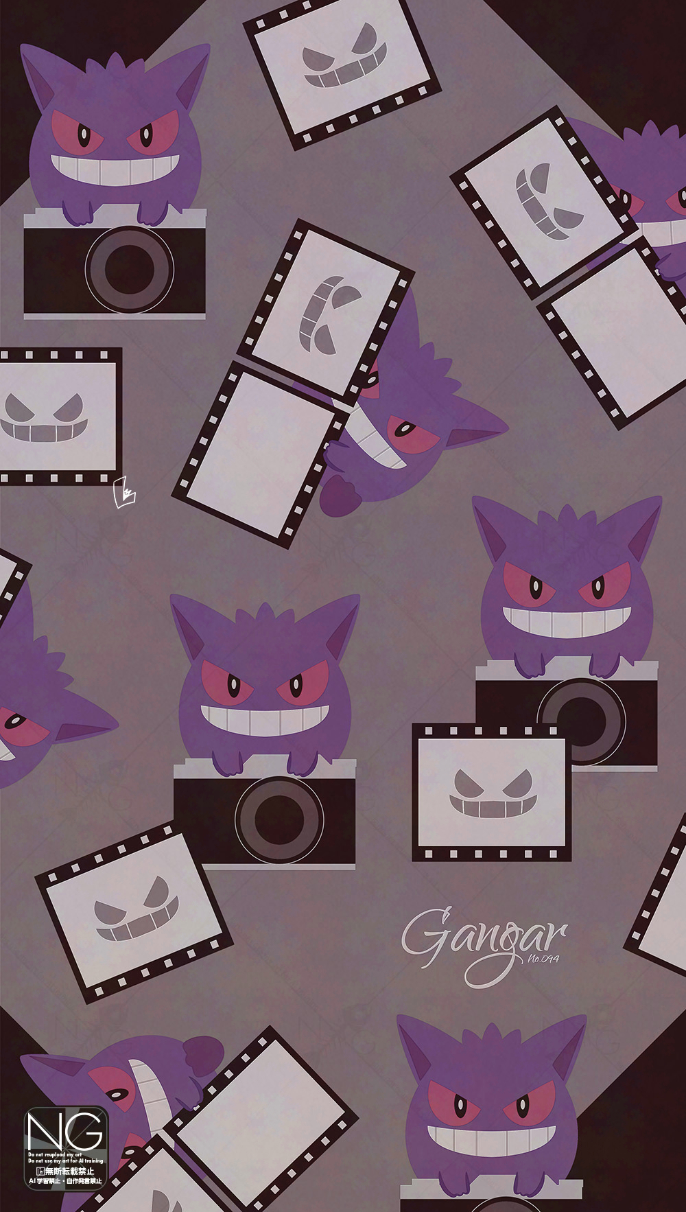 meme (sleepsheep), gengar, nintendo, pokemon, highres, camera, colored sclera, film strip, gen 1 pokemon, ghost, grin, looking at viewer, no humans, open mouth, pokemon (creature), pokemon focus, red eyes, red sclera, smile, teeth