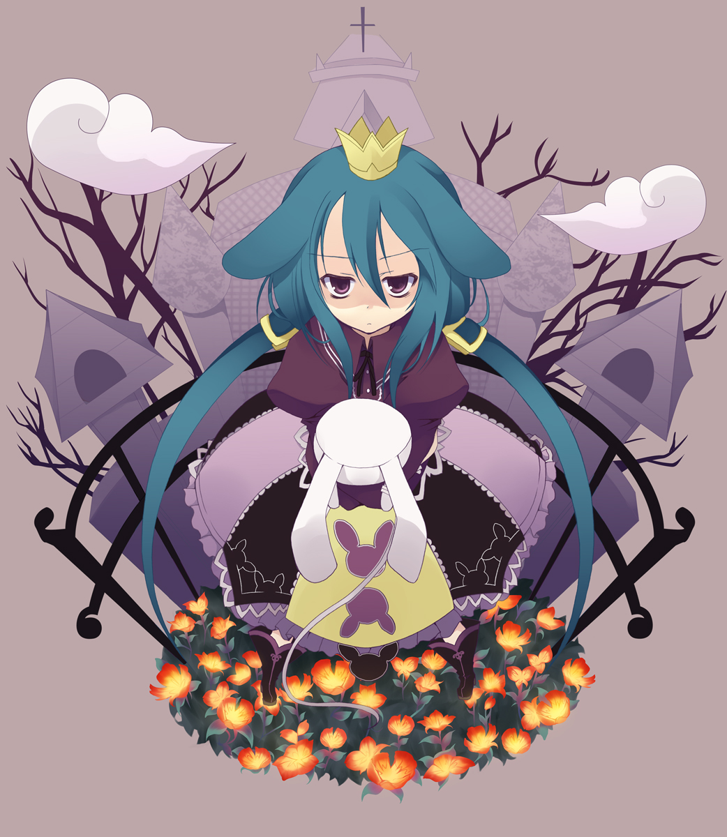 kiseki, mizuse kiseki, momomeno (7th dragon), princess (7th dragon), 7th dragon, 7th dragon (series), bad id, bad pixiv id, highres, animal ears, boots, cloud, crown, dress, flower, green hair, skirt, solo, stuffed animal, stuffed rabbit, stuffed toy, twintails