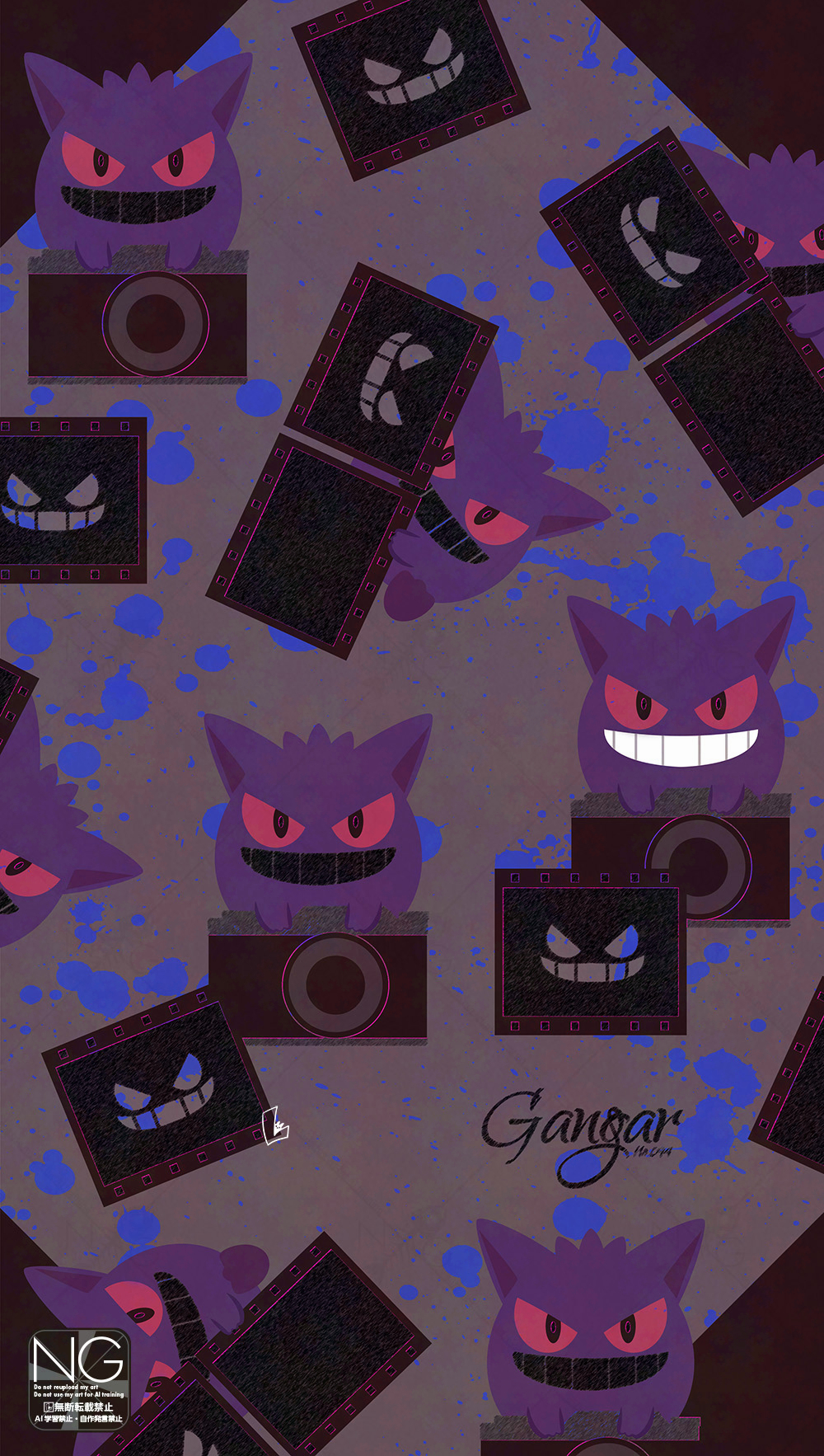 meme (sleepsheep), gengar, nintendo, pokemon, highres, colored sclera, film strip, gen 1 pokemon, ghost, grin, looking at viewer, no humans, open mouth, pokemon (creature), pokemon focus, red eyes, red sclera, smile, teeth