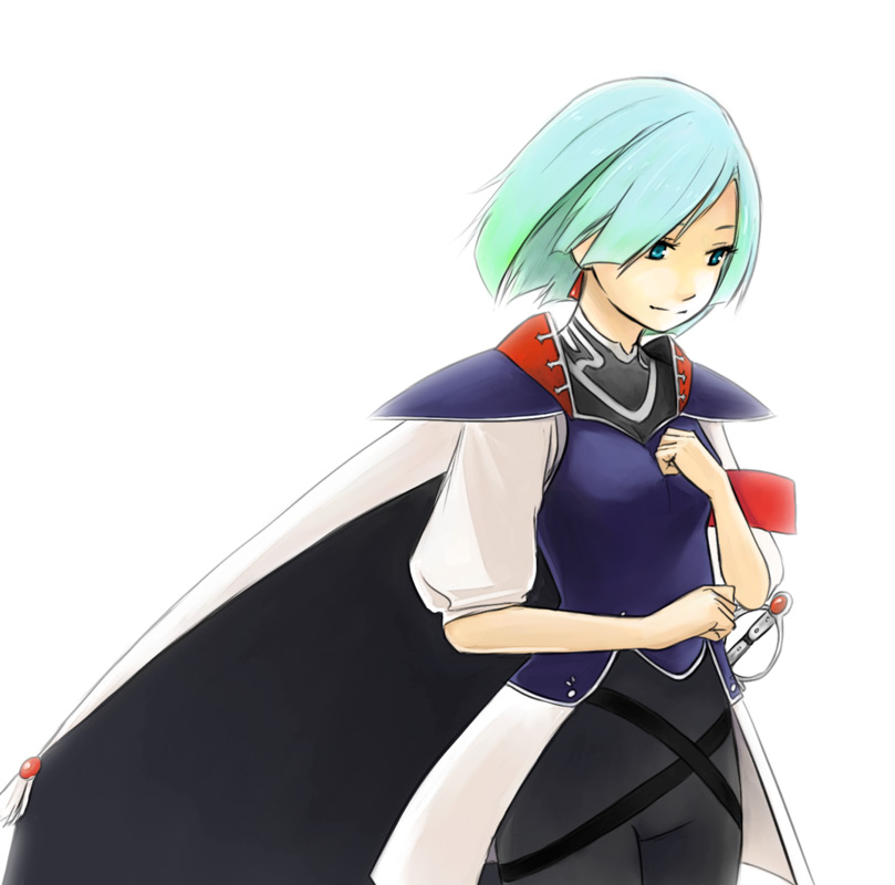 yui 7, leen (grandia), game arts, grandia, bad id, bad pixiv id, aqua eyes, aqua hair, cape, short hair, solo