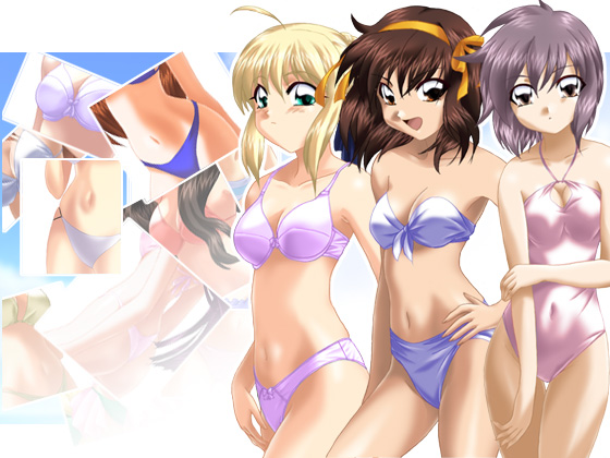 yadokari genpachirou, artoria pendragon (fate), nagato yuki, saber (fate), suzumiya haruhi, fate/stay night, fate (series), suzumiya haruhi no yuuutsu, 00s, alternate costume, bikini, crossover, photo (object), swimsuit