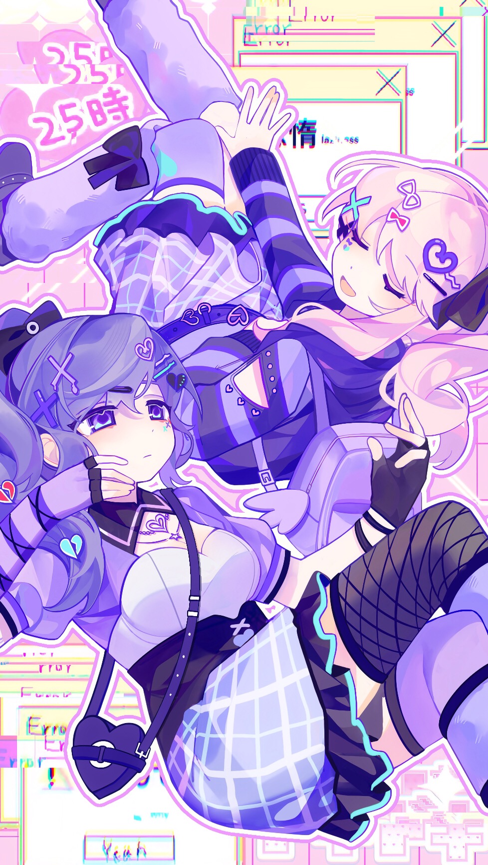 laylayhappy, akiyama mizuki, asahina mafuyu, project sekai, commentary request, highres, 1girl, 1other, :d, ||/, asymmetrical gloves, asymmetrical legwear, backpack, bag, belt, black bag, black bow, black corset, black gloves, black hoodie, black shoes, black thighhighs, blue eyes, blue skirt, bow, bow legwear, breasts, broken heart, broken heart hair ornament, chromatic aberration, cleavage cutout, closed eyes, closed mouth, clothing cutout, collared shirt, corset, crossed legs, elbow gloves, expressionless, facial mark, facing another, feet out of frame, fingerless gloves, fishnet thighhighs, fishnets, foot out of frame, frilled skirt, frills, gloves, hair between eyes, hair bow, hair ornament, hand on own knee, heart, heart-shaped bag, heart facial mark, heart hair ornament, heart necklace, high ponytail, high side ponytail, hood, hood down, hoodie, invisible chair, jewelry, kneehighs, knees together feet apart, light frown, long hair, long sleeves, looking at another, loose socks, miniskirt, mismatched gloves, mismatched thighhighs, multicolored eyes, necklace, negai wa itsuka asa wo koete (project sekai), official alternate costume, open mouth, outline, outstretched arm, pink background, pink hair, plaid clothes, plaid skirt, ponytail, puffy long sleeves, puffy short sleeves, puffy sleeves, purple bag, purple belt, purple eyes, purple gloves, purple hair, purple hoodie, purple shirt, purple skirt, purple socks, purple thighhighs, raglan sleeves, shirt, shoes, short sleeves, shoulder bag, shoulder cutout, side ponytail, simple background, single elbow glove, sitting, skirt, small breasts, smile, socks, socks over thighhighs, star (symbol), star necklace, striped clothes, striped gloves, striped hoodie, swept bangs, thighhighs, two-tone eyes, two-tone hoodie, two-tone shirt, u u, white outline, white shirt, window (computing), x hair ornament, zettai ryouiki