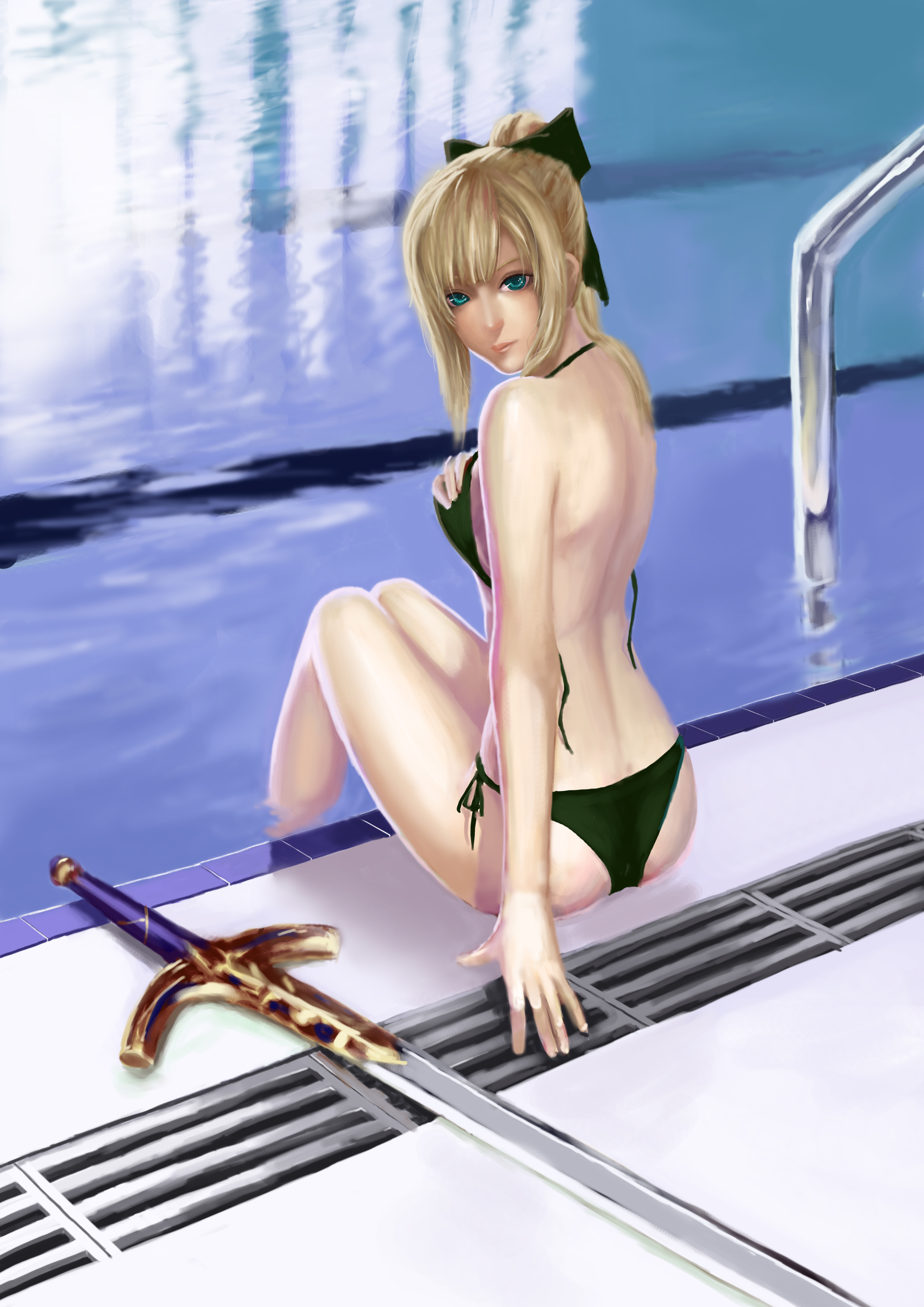 jiemaowanwan, artoria pendragon (fate), saber (fate), saber lily, capcom, fate/stay night, fate/unlimited codes, fate (series), untied, absurdres, highres, 00s, 1girl, alternate costume, aqua eyes, ass, back, bare back, bikini, black bikini, blonde hair, bow, breast suppress, caliburn (fate), female focus, from behind, hair bow, looking at viewer, looking back, pool, pool ladder, poolside, reflection, side-tie bikini bottom, sitting, soaking feet, solo, swimsuit, sword, water, weapon
