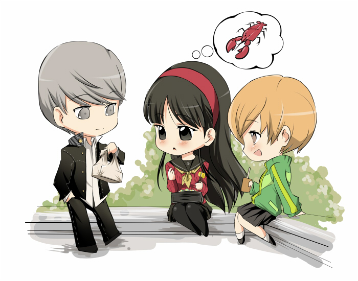 oglee, amagi yukiko, narukami yu, satonaka chie, atlus, persona, persona 4, 1boy, 2girls, blonde hair, blush, chibi, crustacean, full body, grey eyes, grey hair, hand in pocket, lobster, long hair, multiple girls, pantyhose, school uniform, short hair, sitting, smile, speech bubble, standing, thought bubble, very long hair