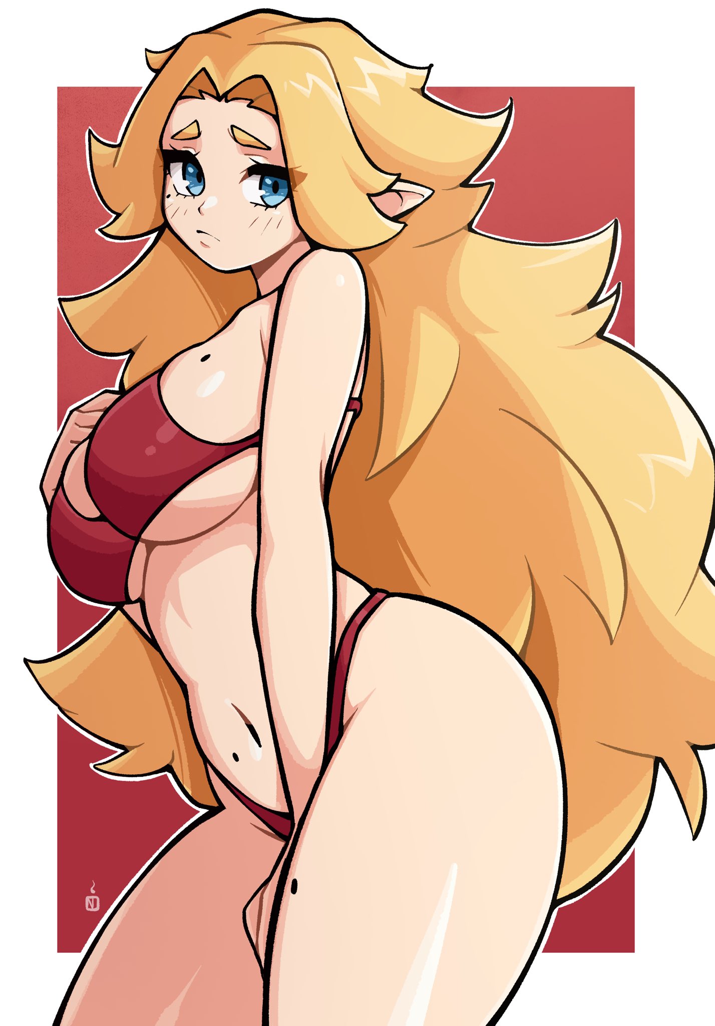 oninuer, original, commentary, english commentary, highres, 1girl, between legs, bikini, blonde hair, blue eyes, border, breasts, closed mouth, cowboy shot, curvy, hand between legs, large breasts, long hair, looking at viewer, mole, mole on breast, mole on stomach, mole on thigh, multiple moles, outside border, pointy ears, red background, red bikini, solo, swimsuit, thighs, white border