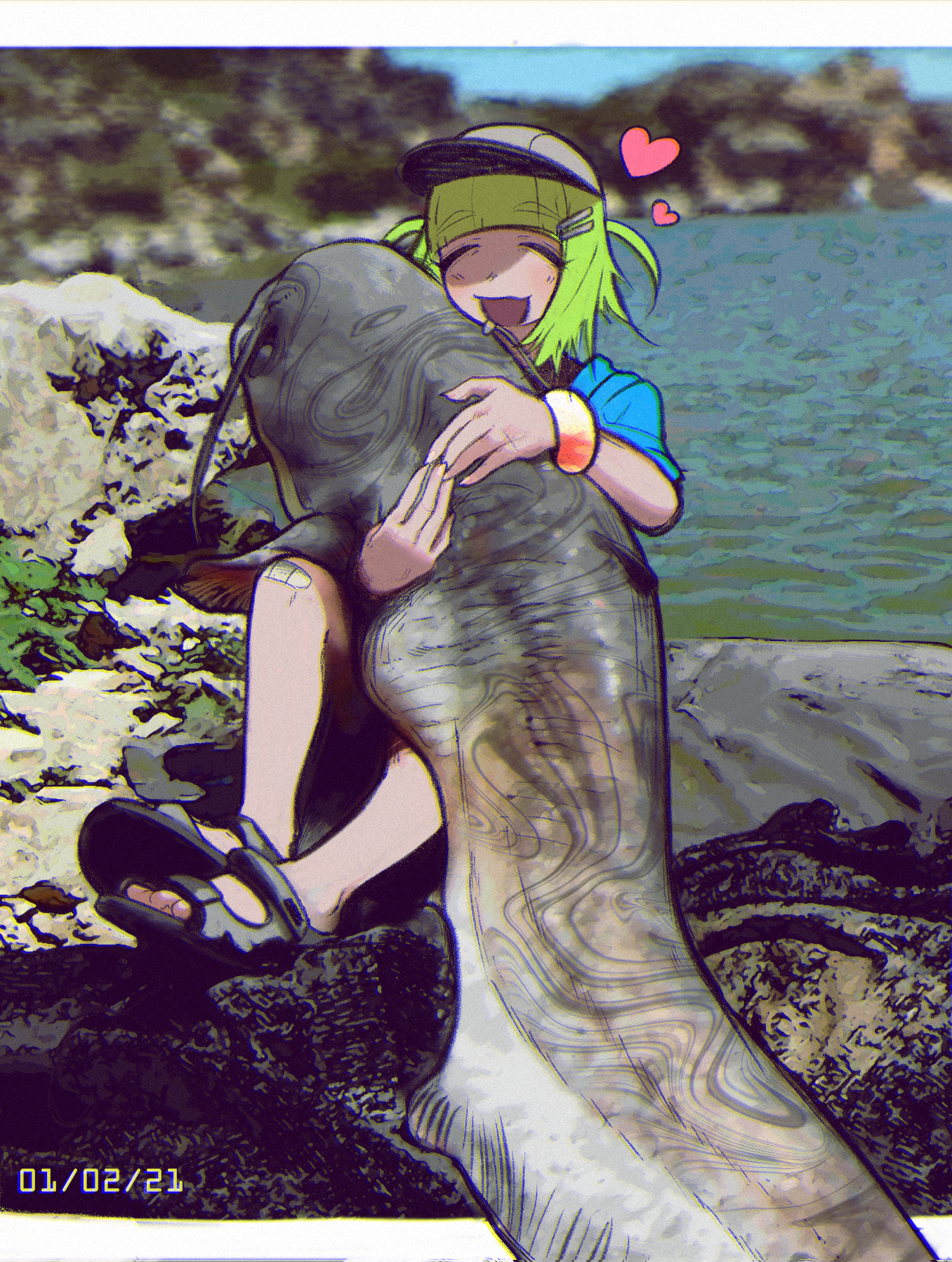 pyoko (sandwicha), original, commentary, highres, 1girl, baseball cap, catfish, closed eyes, dated, fish, green hair, hair ornament, hairclip, hat, heart, open mouth, water