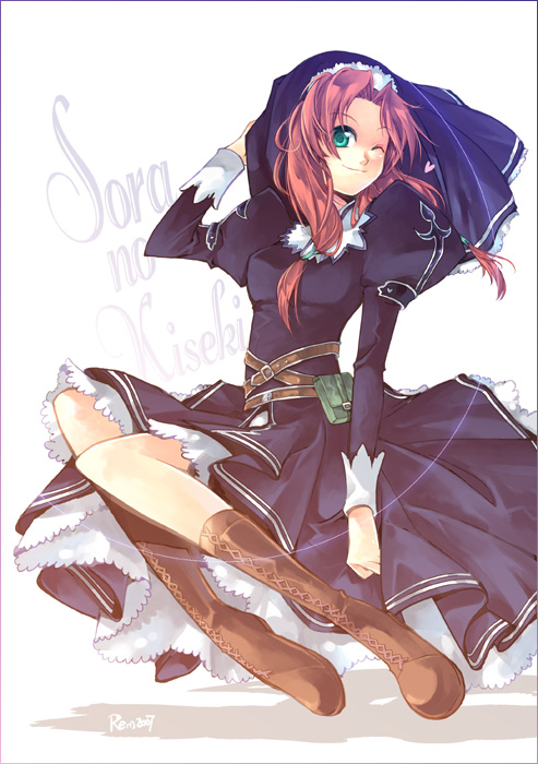 ries argent, eiyuu densetsu, falcom, sora no kiseki, 1girl, ;), arm up, belt, belt pouch, black border, black dress, blush, boots, border, breasts, brown boots, closed mouth, copyright name, dress, frills, green eyes, hair tie, head tilt, heart, invisible chair, juliet sleeves, knee boots, long hair, long sleeves, looking at viewer, low twintails, medium breasts, no socks, one eye closed, parted bangs, pouch, puffy sleeves, simple background, sitting, smile, twintails, veil, white background
