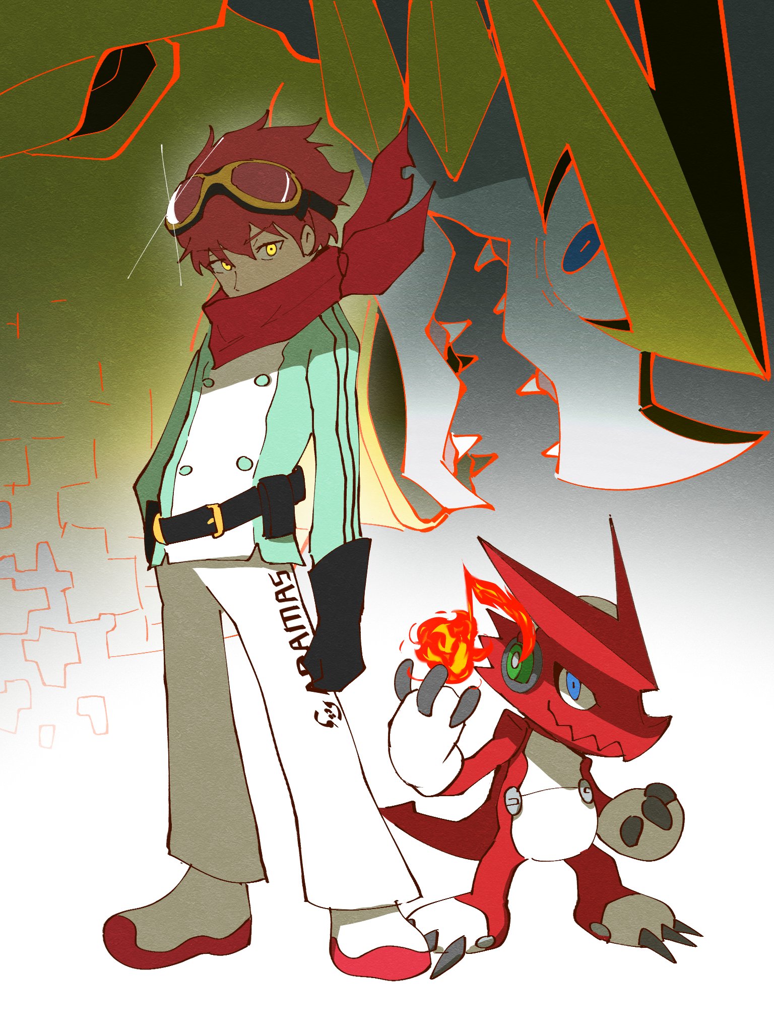 gunimated, omegashoutmon, shoutmon, yuuki dan, digimon, digimon story: time stranger, highres, 1boy, blue eyes, brown eyes, digimon (creature), dragon, fire, full body, goggles, goggles on head, green jacket, jacket, multicolored jacket, musical note, pants, red scarf, scarf, two-tone jacket, white jacket, white pants, yellow eyes