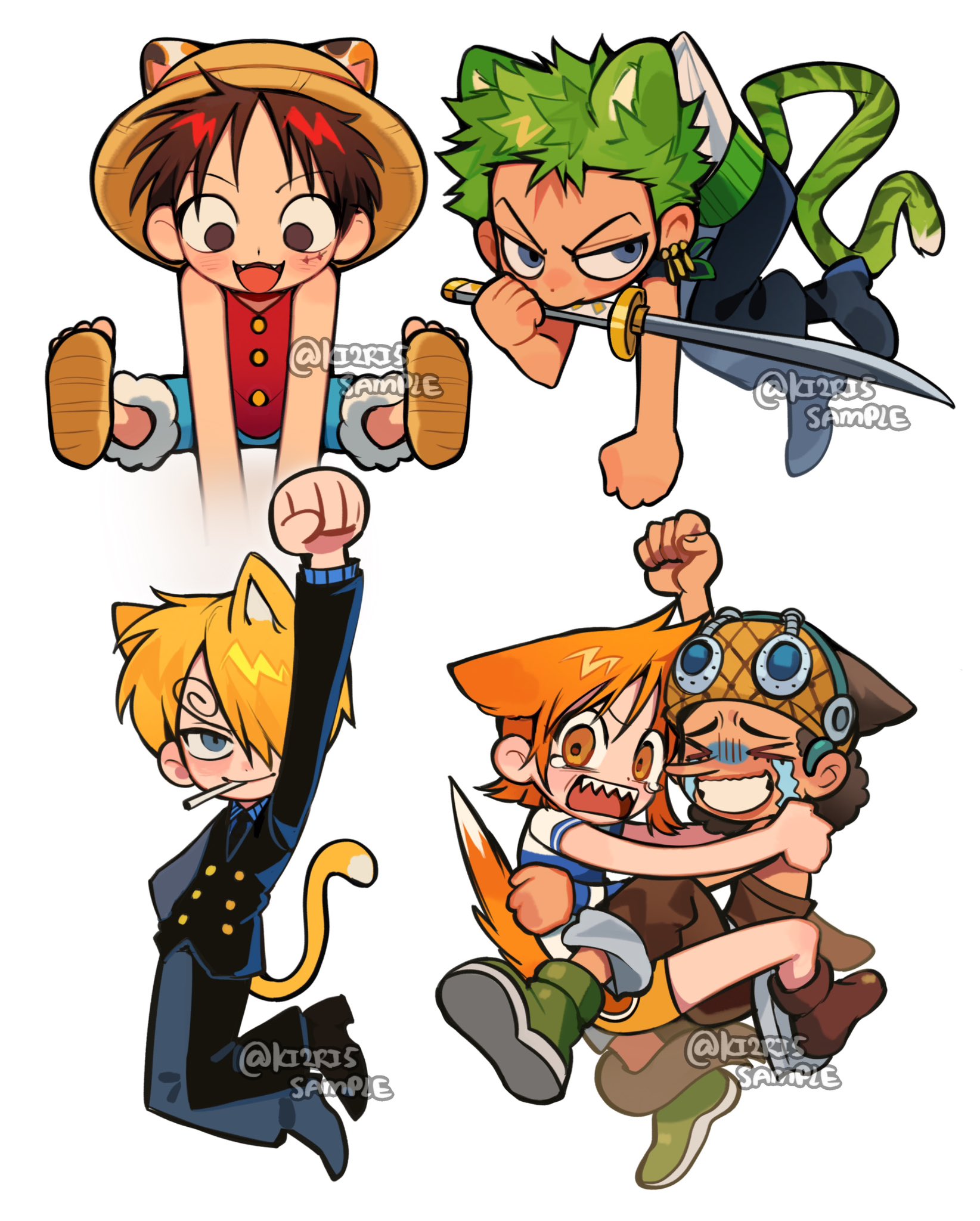 ki2ri5, monkey d. luffy, nami (one piece), roronoa zoro, sanji (one piece), usopp, one piece, commentary request, highres, > <, 1girl, 4boys, animal ears, arm up, bare shoulders, black hair, black jacket, black pants, blonde hair, blue pants, blue shorts, brown overalls, cat ears, cat tail, cigarette, closed eyes, earrings, facial scar, goggles, goggles on headwear, green hair, haramaki, hat, holding, holding sword, holding weapon, hug, jacket, jewelry, katana, long nose, miniskirt, mouth hold, multiple boys, open mouth, orange hair, overalls, pants, red vest, sandals, scar, scar on cheek, scar on face, scared, sharp teeth, shirt, shorts, simple background, skirt, straw hat, straw hat pirates, suit jacket, sword, tail, tears, teeth, twitter username, vest, weapon, white background, white shirt