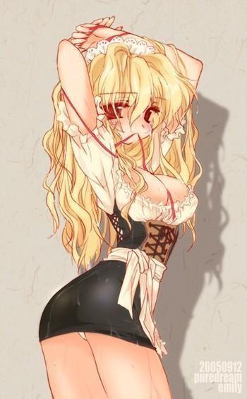 blonde hair, breasts, hand over head, lace, long hair, mouth hold, red eyes, thighhighs