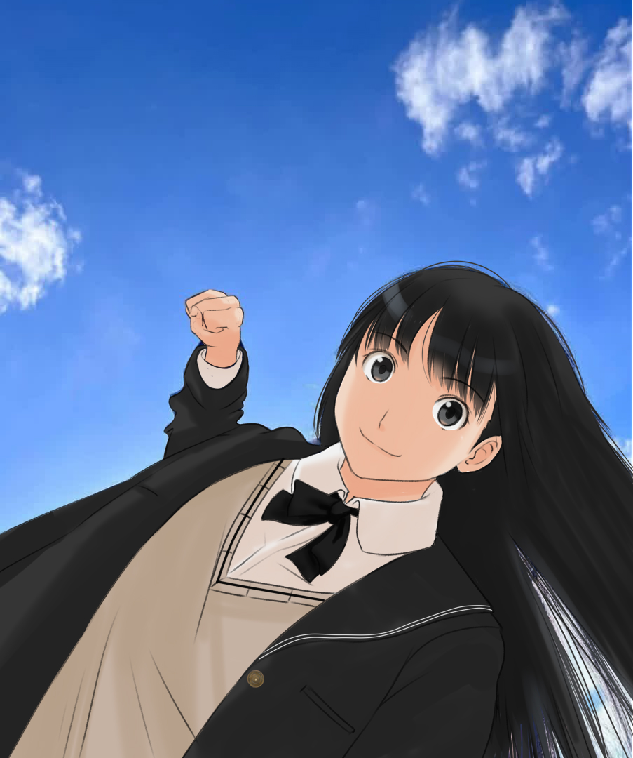 takemi kaoru, ayatsuji tsukasa, amagami, hashtag-only commentary, 1girl, black bow, black bowtie, black hair, blazer, blue sky, bow, bowtie, brown sweater vest, clenched hand, closed mouth, cloud, cloudy sky, collared shirt, from below, grey eyes, incoming attack, incoming punch, jacket, kibito high school uniform, long hair, long sleeves, looking at viewer, photo background, punching, school uniform, shirt, shirt under sweater, sky, smile, solo, sweater vest, upper body, white shirt