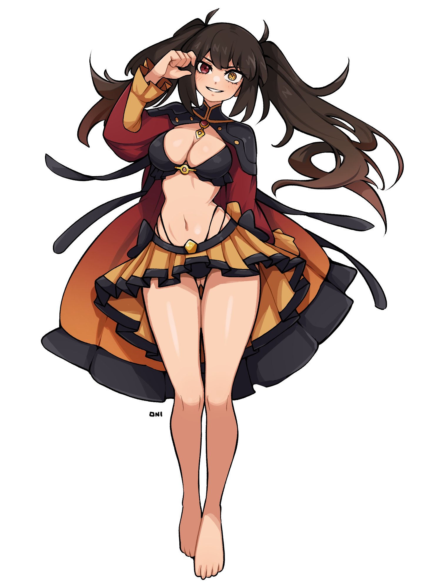 oninuer, tokisaki kurumi, date a live, commentary, commission, english commentary, highres, 1girl, alternate costume, alternate hair color, alternate legwear, bare legs, barefoot, black bra, black panties, black shrug, bra, breasts, brown hair, cape, cleavage, clock eyes, double-parted bangs, full body, gluteal fold, hand up, heterochromia, large breasts, legs, long hair, long sleeves, looking at viewer, microskirt, navel, no headwear, panties, red cape, red eyes, shrug (clothing), simple background, skirt, smile, solo, stomach, symbol-shaped pupils, twintails, underwear, white background, yellow eyes, yellow skirt
