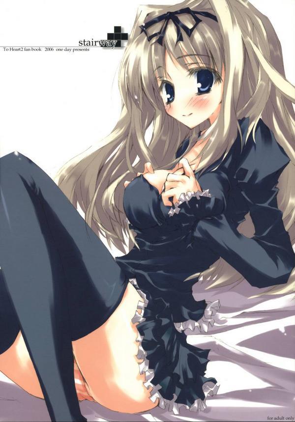 kusugawa sasara, to heart (series), to heart 2, 00s, blonde hair, blue eyes, blush, frills, hair ribbon, long hair, ribbon, sitting, thighhighs